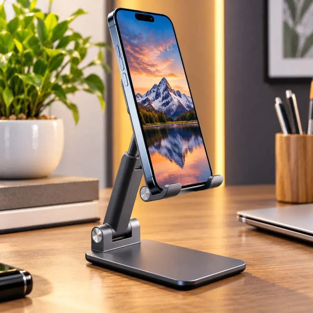Adjustable desk phone stand in dark grey holding a phone upright at a reading angle on a wooden desk