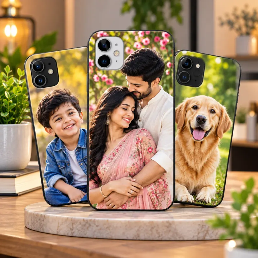Three custom printed phone cases on a marble stand, showing a smiling boy, a couple and a golden retriever